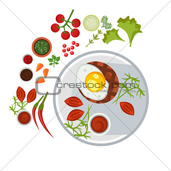 Grilled Steak with an Egg on Plate. Vector Illustration