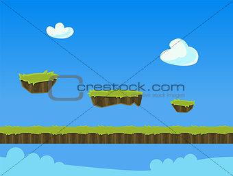 Cartoon Nature Landscape, with Grass and Cloud for Platform Games. Vector Illustration