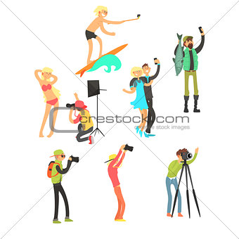 Creative People Posing while Photographer Taking Photos. Vector Illustration Set