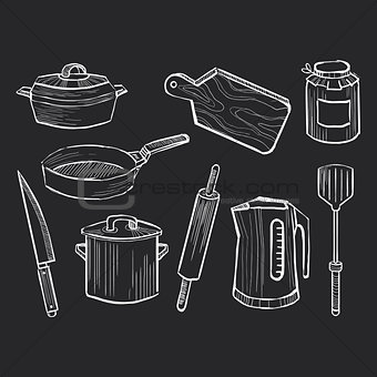 Hand drawn set of kitchen utensils on a chalkboard