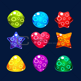 Set of bright jelly figures with bubbles, colorful game elements