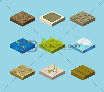 Set of ground surfaces. Grass, rocks and water. Landscape web design. Vector