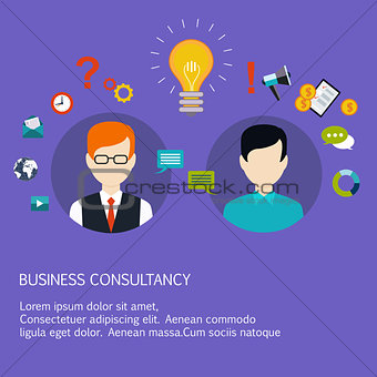 Business advice, coaching, training on business. Flat style vector