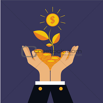 Vector finance concept investing money, coins in hand, money tree