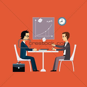 Business people, two men at the table negotiating Flat style