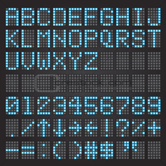 Set of blue letters on a mechanical timetable, airport symbols