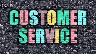 Multicolor Customer Service on Dark Brickwall. Doodle Style.