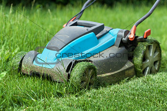Blue lawnmower cutting grass - closeup