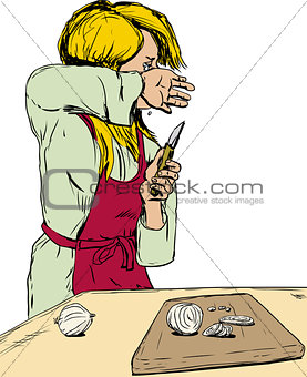 Blond woman crying as she cuts onions