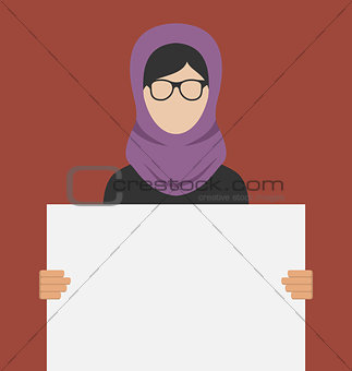 Arabic Woman Holding a Blank Horizontal Banner
