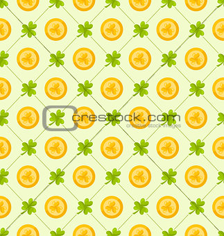 Seamless Pattern with Clovers and Golden Coins for St. Patricks