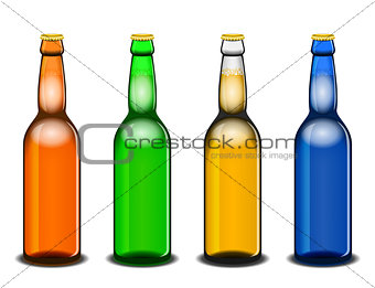 Four colorful beer bottles isolated on white