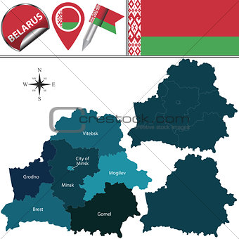 Map of Belarus with named regions