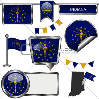 Glossy icons with flag of state Indiana