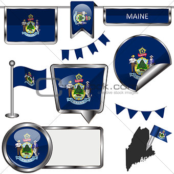 Glossy icons with flag of state Maine