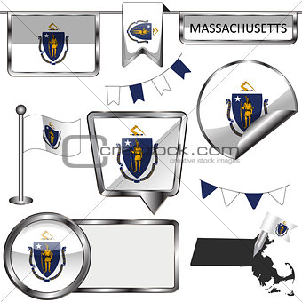 Glossy icons with flag of state Massachusetts
