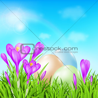 Easter card with eggs and crocuses