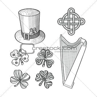 Set of Saint Patricks Day hand drawn design elements.