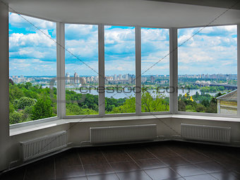 window with a view of Kyiv in spring