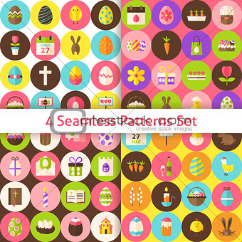 Four Vector Flat Happy Easter Seamless Pattern Set with Circles