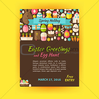 Happy Easter Holiday Vector Template Poster Flat Style