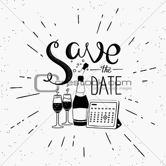 Save the date design element with calendar and champagne