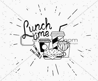 Lunch time vintage label of burger with coffee and french fries in hipster style