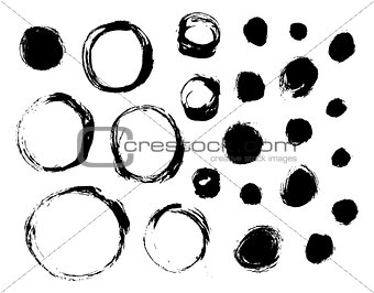 Set of isolated ink spots and circles