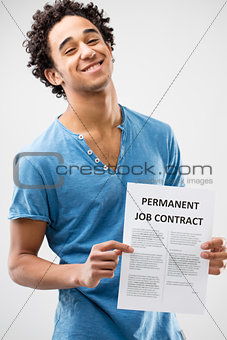 permanent job contract shown by a young man