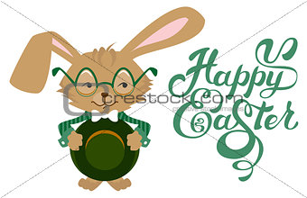 Easter bunny wearing glasses. Happy Easter text lettering. Calligraphy lettering greeting text