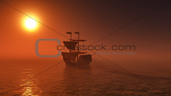 3D ship sailing on a sunset sea