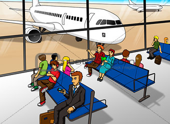 Cartoon illustration of people waiting at airport lounge