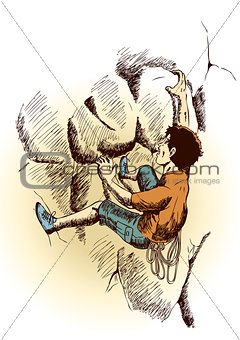 Sketch illustration of a man climbing the rock