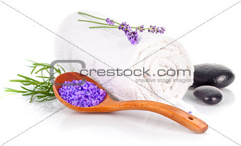 Spa still life with white towel and lavender salt