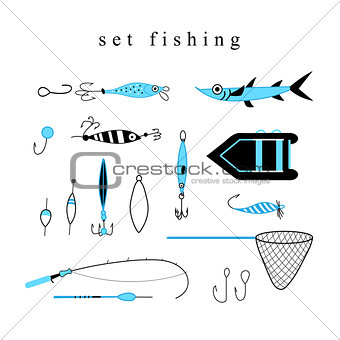 Collection of equipment and hooks for fishing