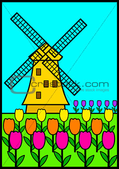 Vector illustration of a windmill among tulips
