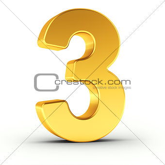 The number three as a polished golden object with clipping path