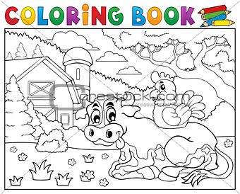 Coloring book cow near farm theme 3