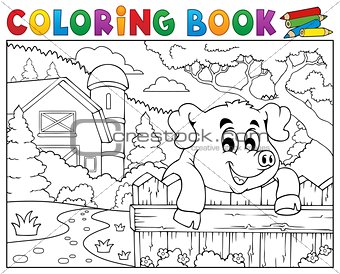 Coloring book pig behind fence near farm