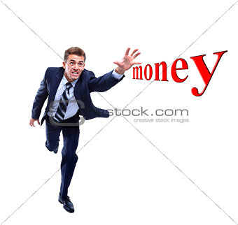 Happy running businessman. Isolated on white background.