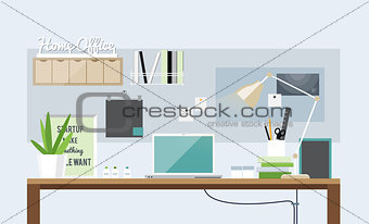 Flat design of light home office interior