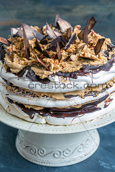 Coffee cake with nuts and chocolate. View from above.