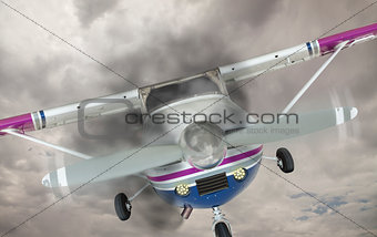 Cessna 172 With Smoke Coming From Engine Against Gray Sky