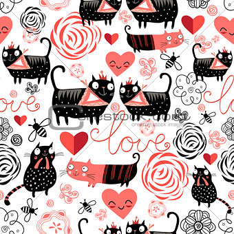 Graphic pattern of funny cats lovers
