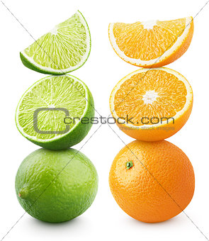 Ripe orange and lime citrus fruit isolated on white