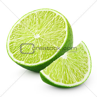 Half and slice of lime citrus fruit isolated on white