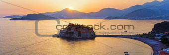 Sunset and Sveti Stefan sea islet (Montenegro)