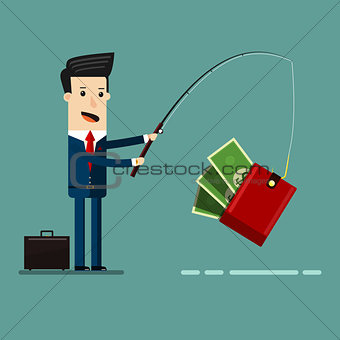 Businessman Catching Money With Fishing Rod. Business Concept Cartoon Illustration.