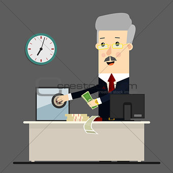 Bussinessman, boss, manager. Successful businessman sitting in a lounge chair front of  safe with money. Business concept cartoon illustration
