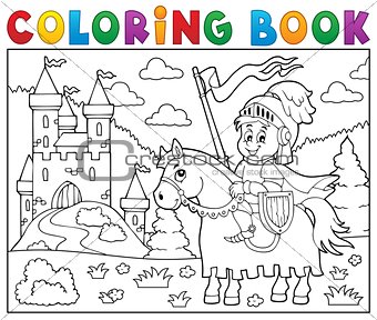 Coloring book knight on horse by castle